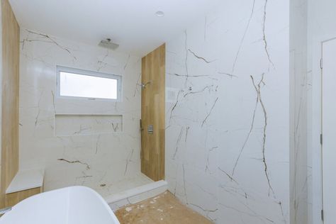 Using Large Format Quartz Slabs When Remodeling A Bathroom — Degnan Design-Build-Remodel Futuristic Bathroom, Remodeling A Bathroom, Quartz Bathroom, Tub To Shower Conversion, Doorless Shower, Walk In Showers, Walk In Shower Designs, Engineered Quartz, Quartz Slab