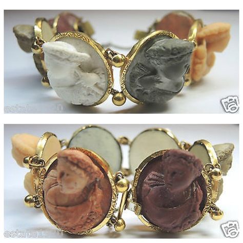 ANTIQUE VICTORIAN HIGH RELIEF CAMEO BRACELET CIRCA ~ 1880'S GOLD FILLED/BRASS WEIGHT ~ 66.8 GRAMS 6 HAND CARVED LAVA CAMEOS COLOR ~ BURGUNDY, TAN, WHITE, GREY, FLESH, BROWN LENGTH ~ 7 1/4 INCHES THICKNESS ~ 13.95 MM (0.549 INCHES) MEASUREMENT OF EACH CAMEO ~ 26.09 MM (1.0275 INCHES) x 22.86 MM (0.900 INCHES) WE ARE PLEASED TO OFFER THIS INCREDIBLE LAVA CAMEO BRACELET 6 AMAZING CARVINGS VERY HIGH RELIEF ULTRA RARE ORIGINAL {Expression....Priceless} STUNNINGLY BEAUTIFUL DYNAMIC & HIGHLY DISTIN Engagement Ring For Him, Special Engagement Ring, Victorian Bracelet, Cameo Bracelet, Cameo Earrings, Platinum Diamond Engagement Rings, Bracelet Box, Cameo Jewelry, High Relief