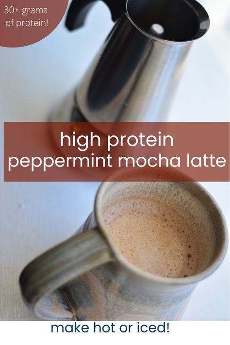 Looking for the perfect holiday drink recipe? This comforting peppermint mocha latte has the added bonus of being a high protein drink recipe. Healthy latte recipe packed full of protein. Skip your coffee shop peppermint mocha latte this season and make your own latte at home. homemade peppermint mocha latte, high protein latte, protein coffee, homemade peppermint syrup, DIY latte recipes, mocha latte recipe, high protein drinks High Protein Drink Recipes, Healthy Latte Recipe, Protein Latte, Peppermint Mocha Latte, Mocha Latte Recipe, Homemade Peppermint Mocha, Protein Drink Recipes, High Protein Drinks, Coffee Homemade