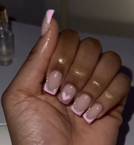 Nails Acrylic School Short, Short Nail Set Pink French Tip, Short Sparkly Nails Acrylic, Birthday Nails Manicure, Nails For Your Birthday Short, Baddie Short Square Nails, Pink French Tip Nails Acrylics Long With Designs, Cute Birthday Nails Acrylic Short, Peach French Tip Nails Square