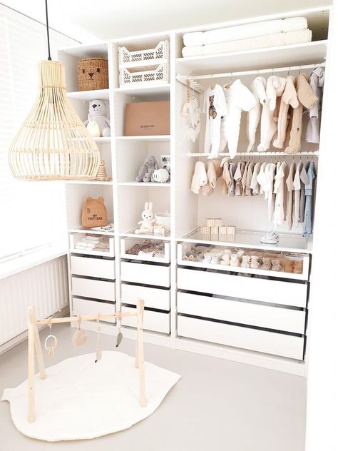 Baby Room Ideas Early Years, Aesthetic Work Desk, Small Home Gym Ideas, Baby Room Closet, Ikea Baby, Baby Nursery Closet, Small Home Gym, Newborn Room, Serene Home