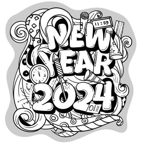 Doodle art cartoon design of new year in black and white concept for new year celebration template Chinese New Year Kids, Halloween Clipart Free, New Year Doodle, Fireworks Clipart, New Year's Drawings, New Years Ball, New Year Cartoon, New Year Clipart, Happy New Year Design