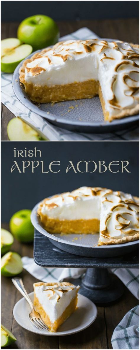 Celebrate St. Patrick's Day with this authentic Irish Apple Amber! It's a traditional dessert in Ireland, made with shredded apples cradled in a buttery crust and topped with airy meringue. #irish #apple #desserts #pie #meringue #stpatricksday #ideas #stpattys via @bakingamoment Irish Apple Amber, Irish Pie Recipe, Traditional St Patricks Day Desserts, Celtic Food Recipes, Apple Meringue Pie, Irish Desserts Traditional Ireland Easy, Authentic Irish Desserts, Desserts With Meringue, Irish Meals Traditional