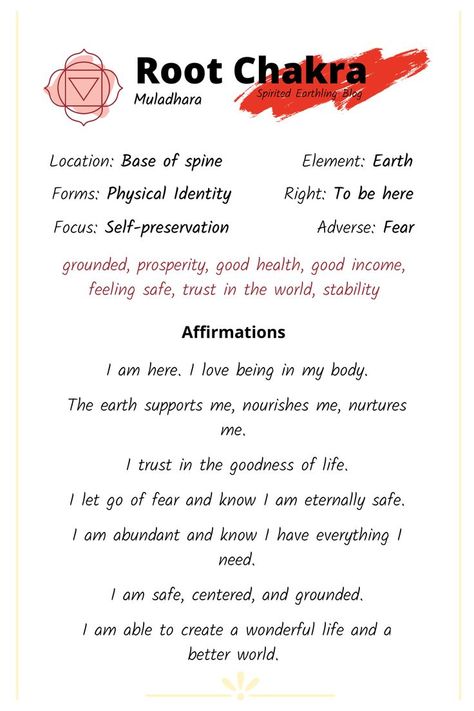 Affirmations for Root Chakra. All you need to know information about the Root Chakra like name, colour, location, element. Chakra Information, Root Chakra Affirmations, Root Chakra Yoga, Chakra Flow, Yoga Reading, Chakra Healing Meditation, Root Chakra Healing, Ayurveda Yoga, Chakra Affirmations