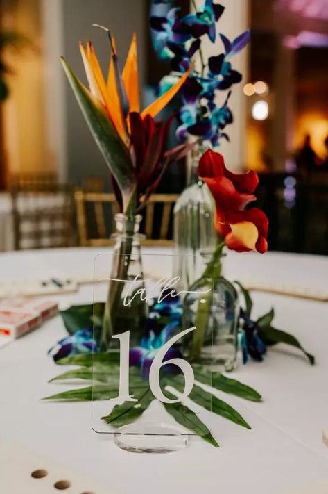 Blue Orchid Wedding, Wedding Centerpeices, Bird Of Paradise Wedding, Tropical Wedding Centerpieces, Lightner Museum, Silk Flower Centerpieces, Tropical Centerpieces, Tropical Wedding Theme, Virginia Beach Wedding