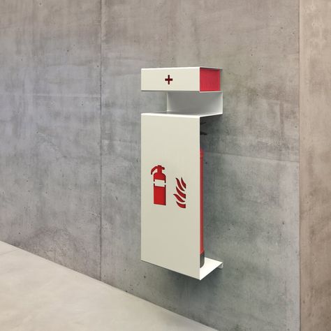 Fire Fire extinguisher holder incl. storage of Konstantin Slawinski Fire Extinguisher Box Design, Fire Extinguisher Cabinets, Fire Extinguisher Holder, Metal Sheet Design, Office Signage, Sign System, Environmental Graphic Design, Fire Extinguishers, Wayfinding Signage