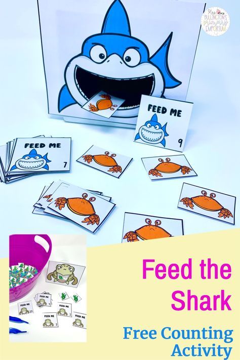 This hands-on counting activity will be great for your ocean-themed centers. Grab this free feed the shark number recognition and counting game for preschool students. Sea Creatures Math Activities, Shark Math Activities, Under The Sea Counting Activities, Beach Curriculum Preschool, Ocean Themed Games For Preschool, Shark Games For Preschoolers, Feed The Shark Activity, Summer Counting Activities Preschool, Preschool Ocean Math