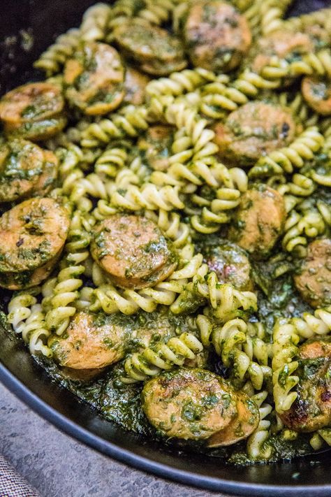 Chicken Sausage Pesto Pasta, Pesto Sausage Pasta, October Foods, Sausage Pesto Pasta, Pasta With Chicken Sausage, Pesto Pasta With Chicken, Beet Pesto, Spinach Pesto Pasta, Gluten Free Banana Bread Recipe