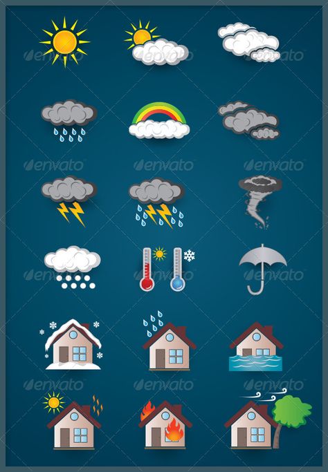 Weather Icons  #GraphicRiver         18 icons of weather, you can edit/modify with adobe illustrator or other vector supporting applications.#AIIllustrator Layered: No MinimumAdobeCSVersion: CS Tags: bright #cloud #cloudy #cold #cool #design #fire #flood #hot #house #hurricane #icon #lightning #logo #rain #rainbow #snow #storm #sun #sunny #symbol #temperature #thermometer #thunder #thunderbolt #tornado #typhoon #vector #weather Poster Making About Typhoon, Lightning Logo, Icon Ideas, Hot House, Weather Icons, Sketch Notes, Anime Fnaf, Snow Storm, Window Painting