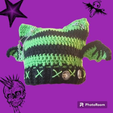 Please Read Custom Crochet Striped Punk, Kawaii Cat Ear Beanie With Bat Wings. Fits Head Circumference Of: 22in To 26in Double Strand Crochet, Very Thick And Warm. You May Also Request A Single Strand Crochet If That's Your Preference. Accessories Are Picked At Random Or To Complement Hat Design. Hand Wash Cold Line To Dry More Custom Crochet Items In My Profile. Bundle To Save On Shipping. Double Strand Crochet, Crochet Halloween Costume, Punk Cat, Punk Kawaii, Cat Ear Beanie, Crochet Bat, Ear Beanie, Cat Eared Beanie, Kawaii Crochet