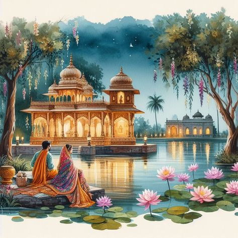 Indian Wedding Drawing, Couple Mehndi, Rajasthan Painting, Hindu Couple, Lotus Lake, Rajasthani Painting, Indian Traditional Paintings, Whimsical Art Paintings, Couple Sitting