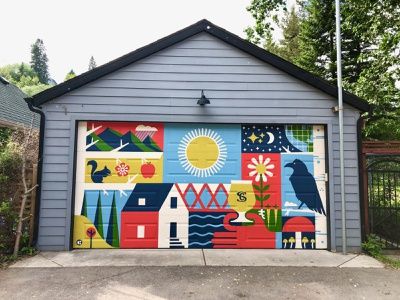 Mural On Vinyl Siding, Geometric Mural Art, Mural On Metal Building, Mural Garage Door, Garage Mural Indoor, Garage Door Mural Ideas, Mural Art Outdoor, Garage Door Murals Art, Garage Murals Outdoor