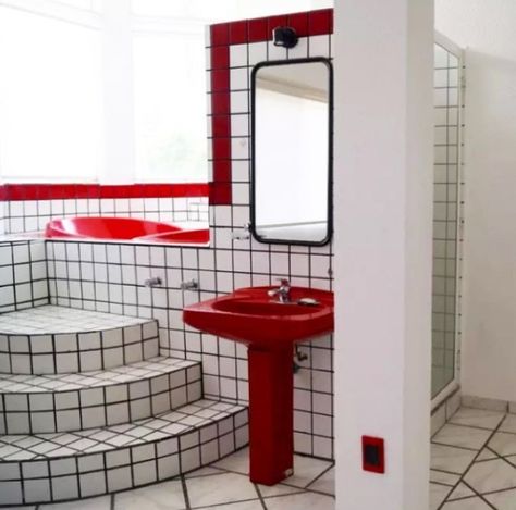 White Tile Black Grout, Black Grout, Pedestal Sink, White Tiles, Grout, Trash Can, Tile, Interior Design, Red