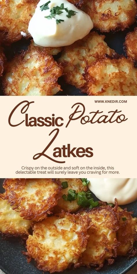 Classic Potato Latkes Ingredients: 2 cups shredded potatoes 1 small onion, grated 2 large eggs, beaten 2 tablespoons all-purpose flour 1 teaspoon salt 1/4 teaspoon ground black pepper 1/2 cup vegetable oil for frying #Classic #Potato #Latkes Potato Latkes Easy, Latkes Recipe Easy, Potato Latke Recipe, Potato Latkes, Shredded Potatoes, Potato Recipes Side Dishes, Jewish Recipes, Crispy Treats, Delicious Dinner Recipes