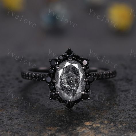 Gothic Oval Shape Salt and Pepper Diamond Engagement Ring ,Black Gold Diamond Promise Ring Unique Rhodium Black Witchy Ring Bridal Gift,Anniversary Ring Gift For Her,antique ring set for women Material: Solid gold (10k 14k 18k rose gold,yellow gold,white gold,Platinum available) Main stone:6x8mm oval Cut natural Salt and Pepper Diamond(Every stone will be unique and vary!) Side stone:with black spinel halo and wedding band  0.25ct round cut real diamonds Band width:approx 1.8 Setting:prongs  set Engagement Rings Dark, Black Wedding Ring Set For Women, Black Silver Engagement Ring, Natural Black Diamond Engagement Ring, Obsidian Wedding Rings, Emo Engagement Rings, Salt And Pepper Rings, Moon Wedding Ring, Black Diamond Engagement Rings