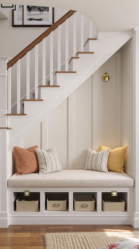 Staircase Storage Under Stairs Under Stairs Bench And Storage, Under Stairs Snug, Under Stair Bench, Under Stairs Entryway Ideas, Entryway Under Stairs, Basement Stair Storage, Under Stairs Seating, Open Under Stairs Ideas, Storage Under Stairs Ideas