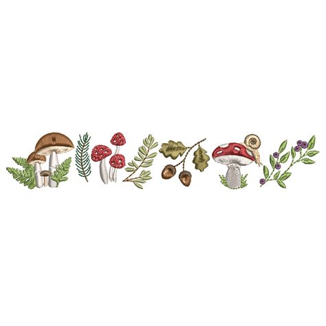 Pes Files Free Embroidery, Embroidery Patterns Mushrooms, Free Machine Embroidery Designs Pes, Mushroom Embroidery Pattern, Mushroom Border, Forest Border, Embroidery Forest, Machine Embroidery Designs Free, Woodland Embroidery