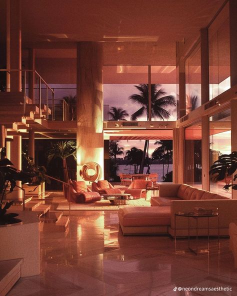 Rich House Interior, Open Space Home, Rich House, 90s House, 80s Interior Design, 80s House, Golden Hour Sunset, Exotic Homes, 80s Interior