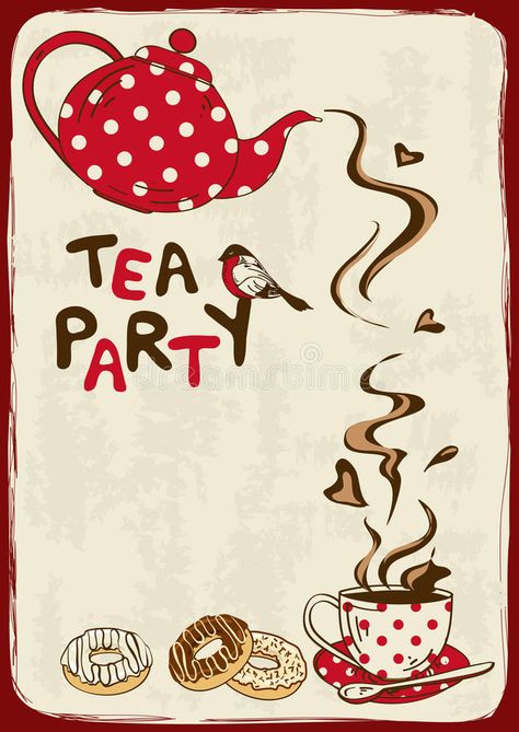 Tea party invitation with teapot and teacup. Vintage tea party invitation with teapot, teacup, saucer, spoon and bird vector illustration Tea Time Illustration, Pot Design, Tea Party Invitations, Cartoon Pictures, Vintage Tea Party, Art Comic, Free Tea, Bar Art, Pot Designs