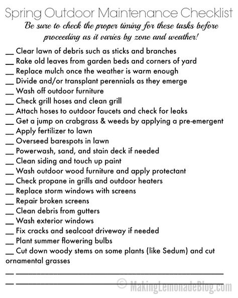 Free Printable Spring Outdoor Maintenance Checklist Spring Cleaning Yard, Yard Cleanup, Spring Clean Up, Making Lemonade, Yard Maintenance, Home Maintenance Checklist, Maintenance Checklist, Gardening Landscaping, Decluttering Tips