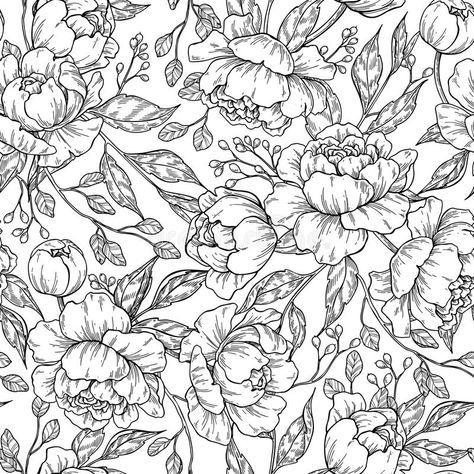 Floral Design Drawing, Inspirational Drawings, Peony Drawing, Botanical Rose, Flower Seamless Pattern, Pattern Sketch, Flower Line Drawings, Drawing Pattern, Drawing Vector