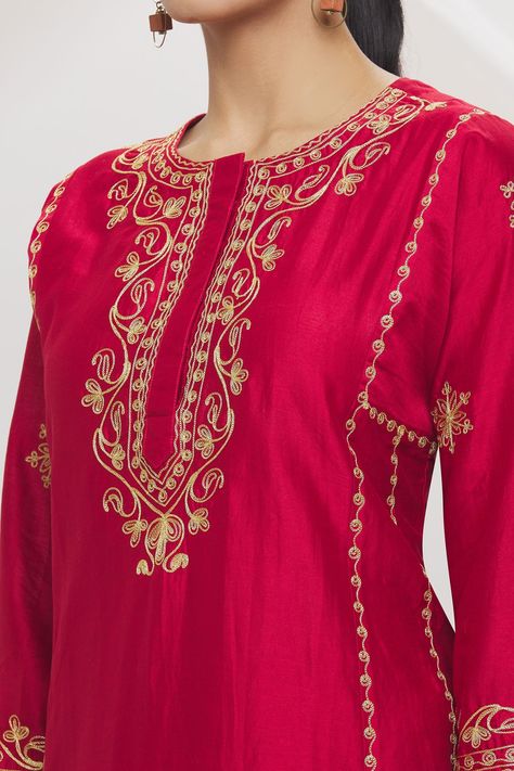 Buy Maroon Cotton Silk Embroidered And Embellished Kurta & Palazzo Set For Women by Adara Khan Online at Aza Fashions. Kurta And Palazzo, Kurta Palazzo Set, A Line Kurta, Palazzo Set, Dress Drawing, Fancy Dress Design, Embroidery Suits, Fashion App, Suit Designs