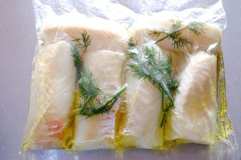 Enjoy a delicious dish dinner and try this sous vide cod loins in white dill sauce. The ingredients combination really works with the cod's neutral flavor. Then the sous vide cooking method made sure that your cod is perfectly cooked. An absolute must-try! #sousvide #sousviderecipes #sousvidefish #codloins #seafood Sous Vide Cod, Cod Loin Recipes, Sous Vide Recipes, Meatless Main Dishes, Dill Sauce, Sous Vide Cooking, Baked Fish, White Onion, The Sauce