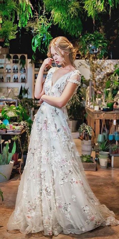 floral wedding dresses a line lace v neckline with short sleeves savin london Wedding Dresses Splash Of Color, White Floral Embroidered Dress, Meadow Wedding Dress, Fun Wedding Dress, Floral Embroidered Wedding Dress, Floral Wedding Dresses, Embroidered Wedding Dress, Floral Wedding Dress, Wedding Forward