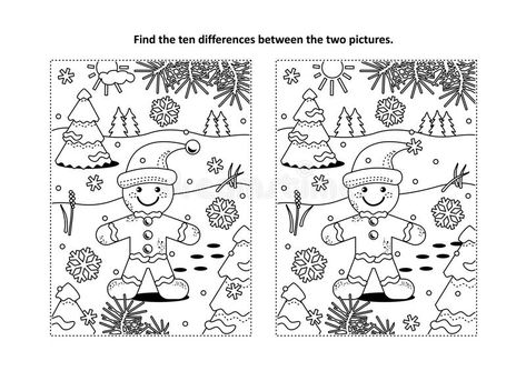 Find the differences visual puzzle and coloring page with ginger man. Winter hol #Sponsored , #PAID, #Ad, #visual, #Find, #coloring, #puzzle Find The Difference Christmas Printables, Spot The Difference Winter, Hidden Pictures Christmas Free Printable, Ginger Man Cookies, Winter Logic Puzzles Free, Snowman Puzzle, Spot The Difference Printable, Find The Difference Pictures, Christmas Boots