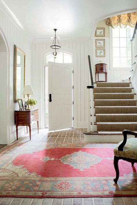 Shiplap Foyer, Vertical Shiplap, Shiplap Paneling, Foyer Decorating, Brick Flooring, Atlanta Homes, Ship Lap Walls, Staircase Design, Southern Living