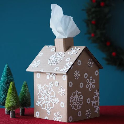 Gingerbread House Tissue Box : 6 Steps (with Pictures) - Instructables Cardboard Tissue Box Diy, Craft Ideas With Popsicle Sticks, Ideas With Popsicle Sticks, Tissue Box Covers Diy, Upcycle Cardboard Boxes, December Decor, Tissue Box Crafts, Christmas Cardboard, Candy Decor