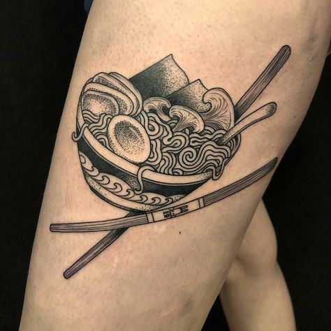 Bowl o ramen tattoo by Scott Santee #ScottSantee #ramentattoo #blackandgrey #stippling #dotwork #linework #noodles #ramen #Pho #chopsticks #mushrooms #egg #nori #soup #foodtattoo #bunny | Mar 28th 2018 | 497241 Noodle Bowl Tattoo, Ramen Tattoo, Ponyo Anime, Ramen Pho, Vietnam Tattoo, Noodle Art, Pho Noodles, Noodles Ramen, Food Tattoos