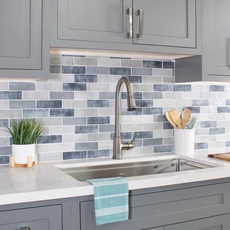 Blue Backsplash Kitchen, Kitchen Decor Inspiration, Kitchen Backsplash Designs, Gray Cabinets, Backsplash Designs, Blue Tile, Single Handle Kitchen Faucet, Metroid, Kitchen Redo