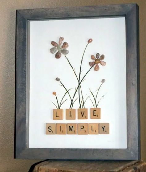 9 Ways To Use Pebbles As Decorative Items - Greenorc Scrabble Pieces Crafts, Scrabble Letter Crafts, Scrabble Tile Art, Scrabble Tile Crafts, Scrabble Tile Wall Art, Scrabble Crafts, Art Shadow, Scrabble Wall Art, Scrabble Frame