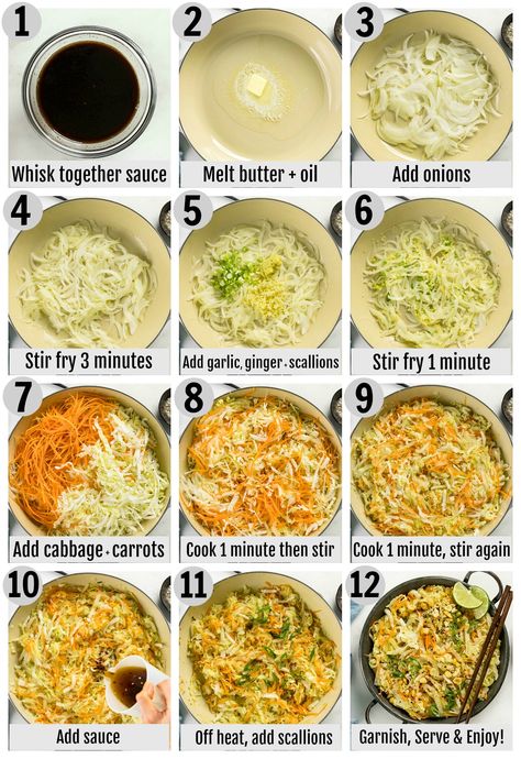 Overhead photo collage of how to make stir fried cabbage step by step with written instructions on each step. Stir Fry Cabbage, Stir Fried Cabbage Recipes, Stir Fried Cabbage, Fry Cabbage, Fried Cabbage Recipe, Fried Cabbage Recipes, Cabbage Recipe, Cooked Cabbage, Fried Cabbage