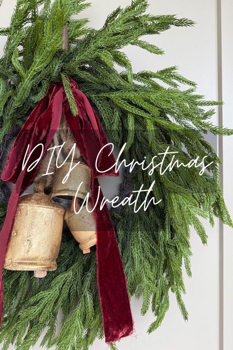 Bells On Front Door, Christmas Wreath 2024 Trends, Swag Ideas For Christmas, Christmas Bow Wreath, Front Door Christmas Wreath Ideas, Easy Front Porch Christmas Decor, Classic Christmas Wreath, Bow For Wreath Diy, How To Make A Wreath Step By Step