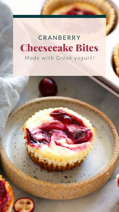 Cranberry Swirl Greek Yogurt Cheesecake Bites Healthy Cheesecake Bites, Cranberry Cheesecake Bites, Cranberry Cheesecake Recipes, Greek Yogurt Cream Cheese, Cream Cheese Homemade, Yogurt Cream Cheese, Healthy Cheesecake Recipes, Greek Yogurt Cheesecake, Yogurt Cheesecake