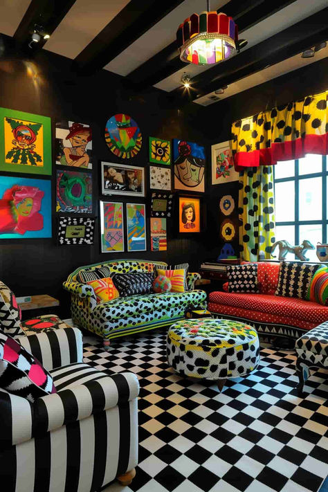 21 Funky Living Room Ideas That Are Full of Fun and Flair Music Inspired Living Room Decor, Bright Funky Living Room, Funky Wallpaper Living Room, Fun Living Room Ideas Creative, Small Colorful Living Room, Funky Aesthetic Room, Funky Room Ideas, Trippy Living Room Ideas, Maximalist Inspiration