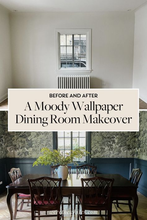 A Modern & Moody Dining Room Wallpaper Reveal. Our moody dining room wallpaper makeover is finally here, and we can't get enough of it! We went with a dark dining room look using modern wallpaper and wainscotting, and it turned into the elevated and elegant space we always wanted. If you're considering a wallpaper accent wall or covering the entire room, check out our tips, ideas, and inspiration for your dining room. Home improvement projects, easy home remodel, dining room decor Moody Wallpaper Dining Room, Moody Dining Room With Wainscotting, Brown Dining Room Wallpaper, Moody Dining Room Wallpaper, Modern Traditional Dining Room Classy Wallpaper, Moody Dining Room, Dark Dining Room, Dining Room Wainscoting, Dining Room Design Modern