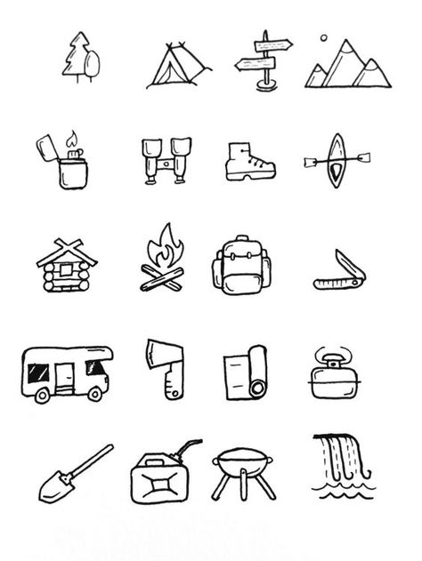 Camping Doodles Simple, Wilderness Doodles, Simple Camping Tattoo, Camping Tatoo, Road Trip Doodles, Trip Doodle, Camping Bullet Journal, Camping Tattoo Ideas, Tattoo Camping