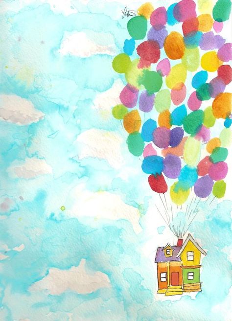 Up in watercolors @Johanna Hörrmann Hörrmann Barbosa Simple Watercolor Paintings Aesthetic, Watercolor Simple Art, Simple Watercolor Painting Ideas, Pretty Watercolor Paintings, Watercolor Art Easy, House Drawings, Beginner Watercolor, Up Pixar, Balloon Tattoo