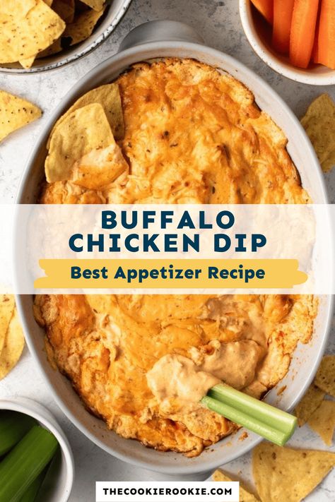 Buffalo Chicken Dip Recipe - The Cookie Rookie Buffalo Chicken Dip Oven, Baked Buffalo Chicken Dip, Chicken Cream Cheese, Chicken Dip Recipe, Buffalo Chicken Dip Recipe, The Cookie Rookie, Cookie Rookie, Chicken Appetizers, Dip Recipes Easy