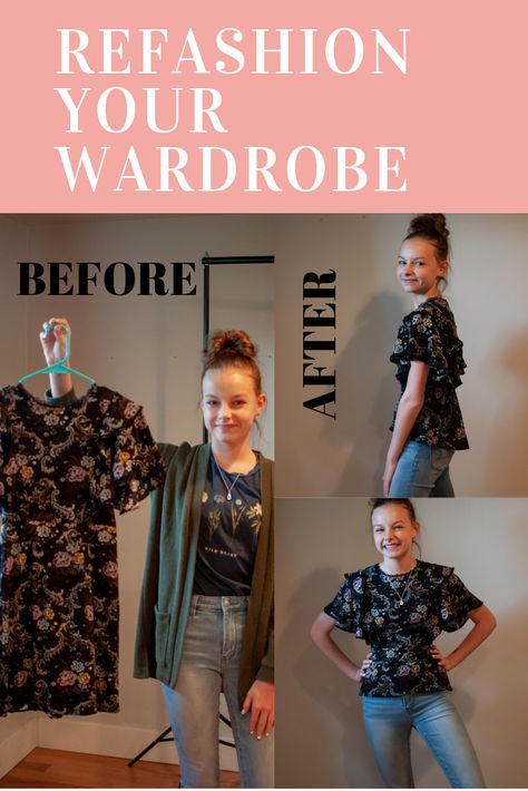 How to upcycle clothes for kids and teens. #sewing #upcycling #refashioning #sewingforkids Turn Dress Into Top, How To Turn A Dress Into A Top, Turning Overalls Into A Dress, Convert Overalls To Dress, Turn Dress Into Romper Diy, Repurpose Too Small Shirt, Upcycling Too Small Shirts, How To Upcycle Clothes, Sewing Projects Free