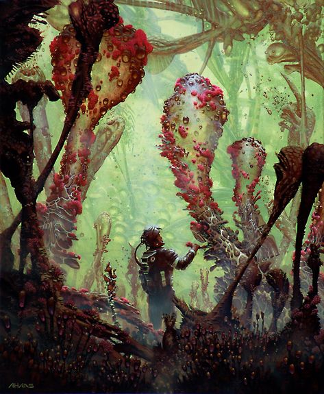 Jungleman, Arthur Haas on ArtStation at https://www.artstation.com/artwork/RNxW Alien Plants, Sci Fi Landscape, Dark Space, Sci Fi Environment, No Man's Sky, Alien Worlds, Science Fiction Art, Fantasy Art Landscapes, Space Opera