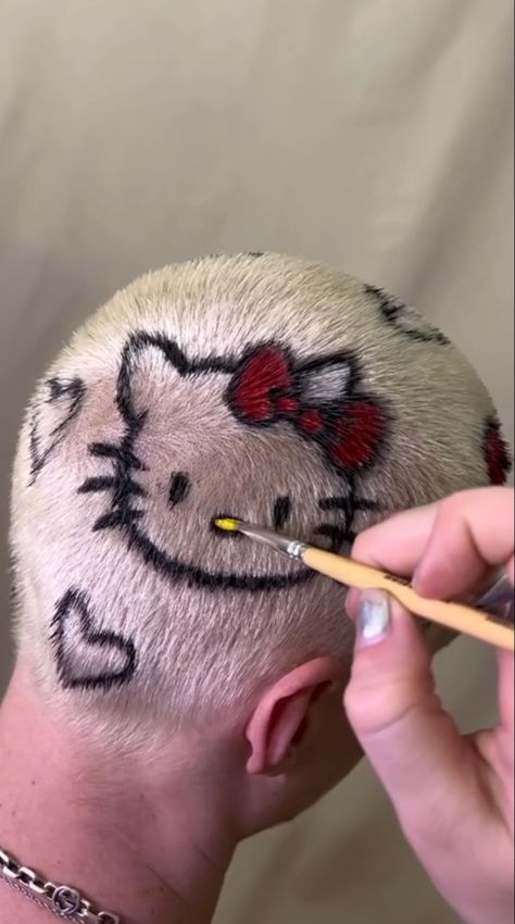 Hello Kitty Buzzcut, Halloween Buzzcut Design, Hello Kitty Spiderman Nails, Buzz Cut Dyed Hair Men, Hello Kitty And Spiderman Nails, Bald Hair Dye Designs, Buzzcut With Designs, Buzzcut Colored Hair, Hello Kitty And Boyfriend