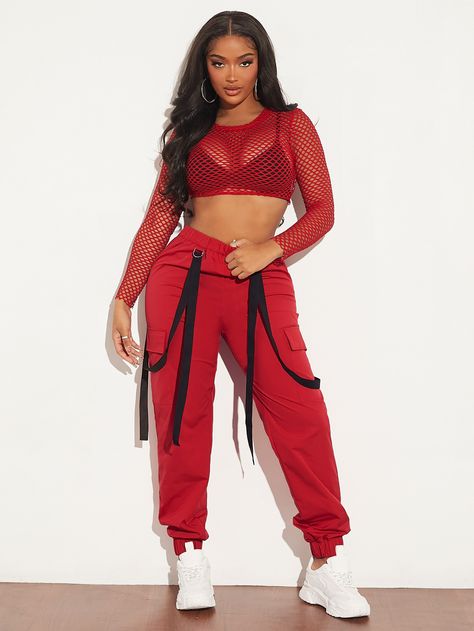 Red Cargo Outfit, Red And Black Outfit Ideas, Reggaeton Outfit, Red Rave Outfit, Rave Outfits Winter, Red Mesh Top, Flap Pocket Cargo Pants, Hip Hop Dance Outfits, Red And Black Outfits