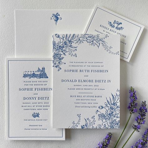 Journal — Sesame Letterpress & Design Blue And White Floral Wedding Invitation, Toile Wedding Decor, Wedding Invitations Blue, Floral Invitation Design, Floral Envelope Liner, Early Spring Wedding, Leaf Invitations, Letterpress Design, Catskills Wedding