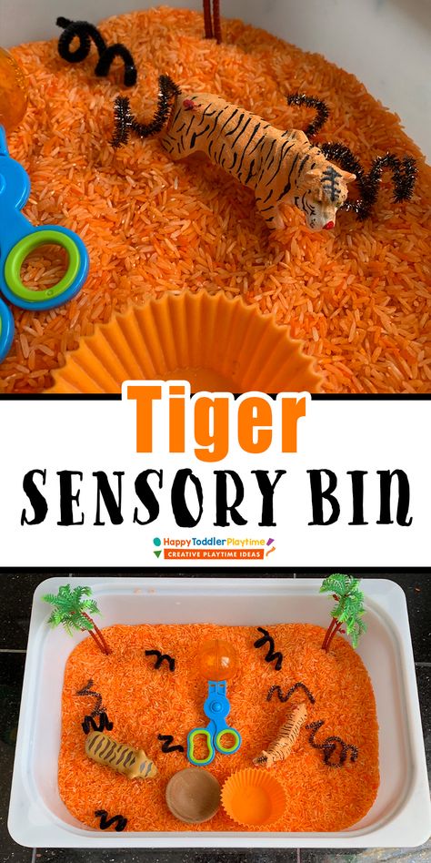 Tiger Sensory Play, Wild Animal Sensory Bin, Zoo Animals Sensory Bin, Zoo Activities For Babies, Tiger Learning Activities, Jungle Sensory Bin Preschool, Zoo Theme Sensory Bin, Preschool Tiger Activities, Zoo Animal Sensory Activities