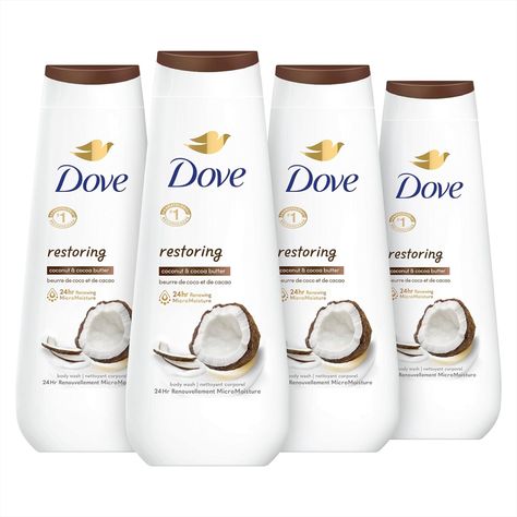 Dove Body Wash Restoring Coconut & Cocoa Butter 4 Count for Renewed, Healthy-Looking Skin Gentle Skin Cleanser That Effectively Washes Away Bacteria While Nourishing Your Skin 20 oz. Purple Shampoo And Conditioner, Dove Body Wash, Gentle Skin Cleanser, Skin Cleanser, Piercing Aftercare, Antiperspirant Deodorant, Skin Cleanser Products, Skin So Soft, Cocoa Butter