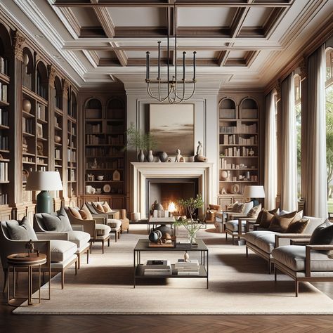 Noticeable should be a large fireplace acting as a focal point of the room, flanked by custom wooden bookshelves housing a variety of literature and artifacts. Throw in tastefully upholstered furniture, in warm, neutral tones that provide a comfortable and inviting atmosphere. Layered rugs and textiles should soften the hardwood floors. Completing the scene with subtle modern elements such as pendant lights and a minimalist coffee table would create a fresh twist to the classical setting. Brownstone Plans, Classic Home Library Design, Wood Coffered Ceiling, Library Design Ideas, Home Library Design Ideas, Office With Fireplace, Library Fireplace, Mansion Kitchen, Warm Fireplace